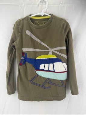 Mini Boden Kids Size 4-5 Olive Green Long Sleeve Shirt with Helicopter Appliqué